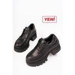 Deripabuc TRC-3003 Hakiki Deri Siyah Kadın Tırtıklı Platform Taban Loafer Ayakkabı