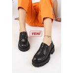 Deripabuc TRC-4003 Hakiki Deri Siyah Kadın Tırtıklı Platform Taban Loafer Ayakkabı