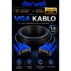 Derwell 1.5 Metre VGA Kablo Full HD 1080P Kesintisiz Aktarım D-Sub Erkek To Erkek Altın Uçlu Dayanıklı Monitör Projeksiyon Bilgisayar Ekran Görüntü Aktarıcı Kablosu Çift Vidalı Güvenli Sabitleme