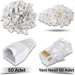 Derwell 50 Adet Yeni Nesil Ez RJ45 8P8C + 50 Adet Cover Beyaz Set RJ45 2in1 Cover Jak Set Jak Kılıfı Pabuç Internet Kablo Ucu Ethernet Soket Utp Konnektör Beyaz