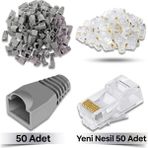 Derwell 50 Adet Yeni Nesil Ez RJ45 8P8C + 50 Adet Cover Gri Set RJ45 2in1 Cover Jak Set Jak Kılıfı Pabuç Internet Kablo Ucu Ethernet Soket Utp Konnektör Gri