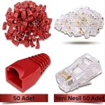 Derwell 50 Adet Yeni Nesil Ez RJ45 8P8C + 50 Adet Cover Kırmızı Set RJ45 2in1 Cover Jak Set Jak Kılıfı Pabuç Internet Kablo Ucu Ethernet Soket Utp Konnektör Kırmızı