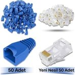 Derwell 50 Adet Yeni Nesil Ez RJ45 8P8C + 50 Adet Cover Mavi Set RJ45 2in1 Cover Jak Set Jak Kılıfı Pabuç Internet Kablo Ucu Ethernet Soket Utp Konnektör Mavi