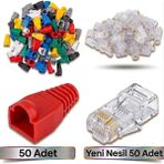 Derwell 50 Adet Yeni Nesil Ez RJ45 8P8C + 50 Adet Cover Renkli Set RJ45 2in1 Cover Jak Set Jak Kılıfı Pabuç Internet Kablo Ucu Ethernet Soket Utp Konnektör Rengarenk