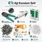 Derwell 6lı Ağ Kurulum Seti - Cat5 Cat6 Kablo Sıkma Pensesi, RJ45 RJ11 Test Cihazı, Krone Bıçağı, Kablo Soyucu, 100 Adet RJ45 Cat5/6 Utp Jak Konnektör ve 100LÜ Kablo Koruyucu Jak Papucu