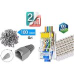 Derwell Gri Ca5/cat6 RJ45 Bot Koruma Kılıfı Cat6 Koruma Cover + Yeni Nesil RJ45 Cat5 Cat6 Konnektör Delikli 100'LÜ