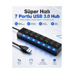 Derwell Süper Hızlı 7 Portlu USB 3.0 Hub Çoklayıcı Çoğaltıcı Adaptör Destekli PC Mac Uyumlu Işıklı On Off Bağımsız Anahtarlı Yüksek Hızlı Veri Aktarımı Sağlayan Siyah Dağıtıcı Switch Bağlantı Kablolu