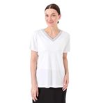Desen Triko 23453 Beyaz Kadın V Yaka Çizgili Penye T-Shirt