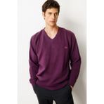 Desen Triko Erkek V Yaka Klasik Yün Kazak Bordo - 2XL