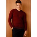 Desen Triko Erkek Yaka Kenarı Çizgili V Yaka Kazak Bordo - 2XL