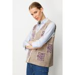 Desen Triko Kadın Pıtırcık Çiçekli Patchwork Keçe Yün Yelek 24084 Bej-Mor