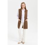 Desen Triko Kadın Polo Yaka Önü Açık İşlemeli Uzun Yün Yelek V.Camel Beden;XL,Renk;V.Camel