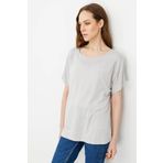 Desen Triko Kadın Sıfır Yaka Boncuk İşlemeli Penye T-Shirt 25859 Taş