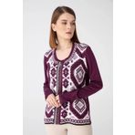Desen Triko Kadın Sıfır Yaka Fermuarlı Önü Desenli Hırka Mürdüm