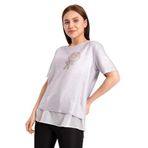 DESEN TRİKO Kadın Sıfır Yaka Kısa Kol Şifonlu Parlak Kumaş Bluz Gümüş Beden;4 BEDEN (XL) dsnNM2615