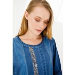 DESEN TRİKO Kadın Sıfır Yaka Uzun Kol Deri İşlemeli Penye Bluz Lacivert Beden;4 BEDEN (XL) dsnNM627