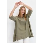 Desen Triko Kadın Yanları Düğmeli Oversize Gömlek Haki