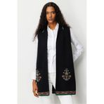 Desen Triko Polo Yaka Etek Ucu Kilim Desenli Uzun Yün Yelek, S, Polo Yaka Kilim Desenli Yelek, Siyah, Kadın