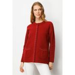 Desen Triko Sıfır Yaka Kısa Yün Ceket, L, 25018, Y.Kırmızı, Kadın
