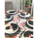 Desenİzmir Amerikan Servis Kırmızı Mercan Desen Takım 6 Supla, 6 Kumaş Peçete, 6 Peçete Halkası ve Runner Örtü Kombin 4 - 40 x 140 cm - Renkli