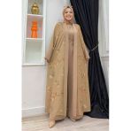 Desenli Abaya Düz Cep Detay Kuşaklı Sıfır Kol Tulum Takım 8312 Taba