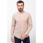 Desenli Bej Rengi Slim Fit Hakim Yaka Uzun Kollu Keten Erkek Gömlek - 2XL