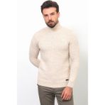 Desenli Bej Rengi Slim Fit Tam Balıkçı Yaka Yün Erkek Kazak