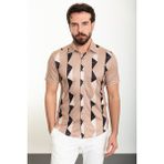Desenli Bej Slim Fit Kısa Kollu Erkek Gömlek - XL