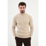 Desenli Bej Slim Fit Yarım Balıkçı Yaka Erkek Triko Kazak