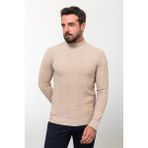 Desenli Bej Slim Fit Yarım Balıkçı Yaka Yün Erkek Triko Kazak - 2XL