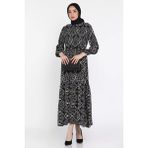 Desenli Bel Bağlamalı Tesettür Viskon Elbise P-00015324 - SiyahPembe - 36