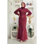 Desenli Bel Kemerli Balık Abiye Elbise 1139 Bordo