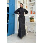 Desenli Bel Kemerli Balık Abiye Elbise 1139 Siyah