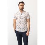 Desenli Beyaz Renk Yarım Patlı Slim Fit Kısa Kollu Hakim Yaka Erkek Gömlek - Beyaz - Kahve