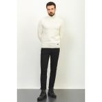 Desenli Ekru Rengi Slim Fit Tam Balıkçı Yaka Yün Erkek Kazak