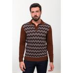 Desenli Fındık Rengi Slim Fit Polo Yaka Erkek Triko Kazak