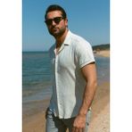 Desenli Gri Renk Slim Fit Apaç Yaka Kısa Kollu Erkek Gömlek