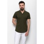 Desenli Haki Rengi Slim Fit Kısa Kollu Apaç Yaka Erkek Gömlek
