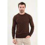 Desenli Kahverengi Slim Fit Bisiklet Yaka Erkek Triko Kazak - 2XL