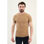 Desenli Kamel Rengi Slim Fit Bisiklet Yaka Erkek T-Shirt - XL