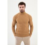 Desenli Kamel Rengi Slim Fit Tam Balıkçı Yaka Erkek Triko Kazak