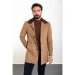 Desenli Kamel Rengi Slim Fit Yaka Detaylı Kaşe Erkek Kaban - 56