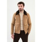 Desenli Kamel Slim Fit Torba Cep Kürklü Yaka Yün Erkek Mont - 48