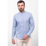Desenli Lacivert Renk Slim Fit Hakim Yaka Uzun Kollu Keten Erkek Gömlek - XL