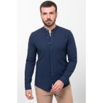 Desenli Lacivert Renk Slim Fit Hakim Yaka Uzun Kollu Keten Erkek Gömlek