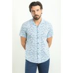 Desenli Mavi Rengi Slim Fit Apaç Yaka Kısa Kollu Erkek Gömlek