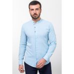 Desenli Mavi Renk Slim Fit Hakim Yaka Uzun Kollu Keten Erkek Gömlek
