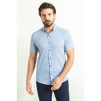 Desenli Mavi Renk Slim Fit Kısa Kollu Erkek Gömlek - XL