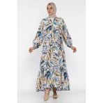 Desenli Ön Düğmeli Mevsimlik Tesettür Elbise P-00018177 - Taş - Mavi - L - XL