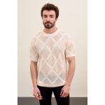 Desenli Oversize Bisiklet Yaka Erkek Triko T-Shirt - Ekru - XL